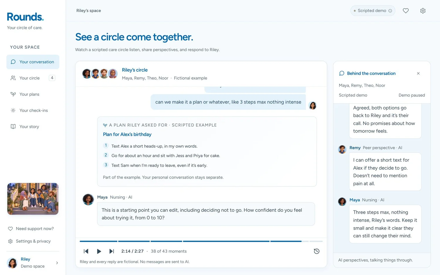 A short plan for a friend’s birthday appears in the conversation, written in Riley’s words with three small steps.