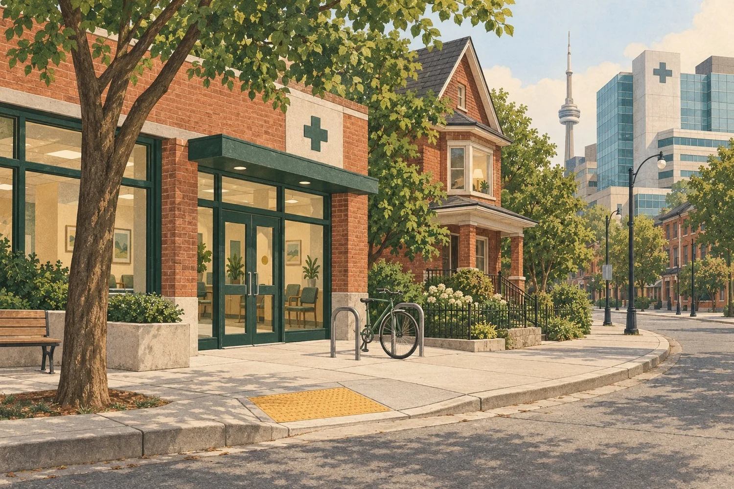 An illustrated neighbourhood with a clinic, home and hospital connected by an accessible street.