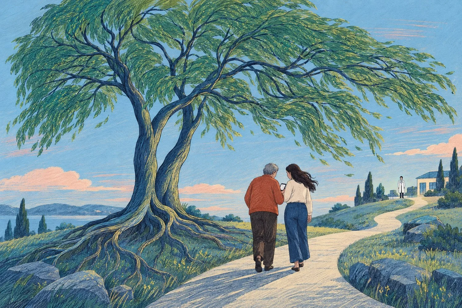 Illustration of two people walking together under a large tree, looking at a phone, with a clinician waiting by a building further along the path.