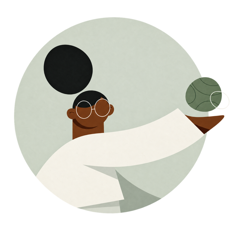 A brown-skinned character with a high bun and round glasses reaches toward a patterned sphere, within a sage circle.