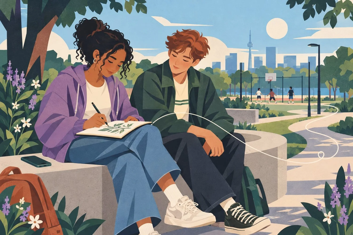 Illustration: Two teenagers share a sketchbook while sitting together in a neighbourhood park.