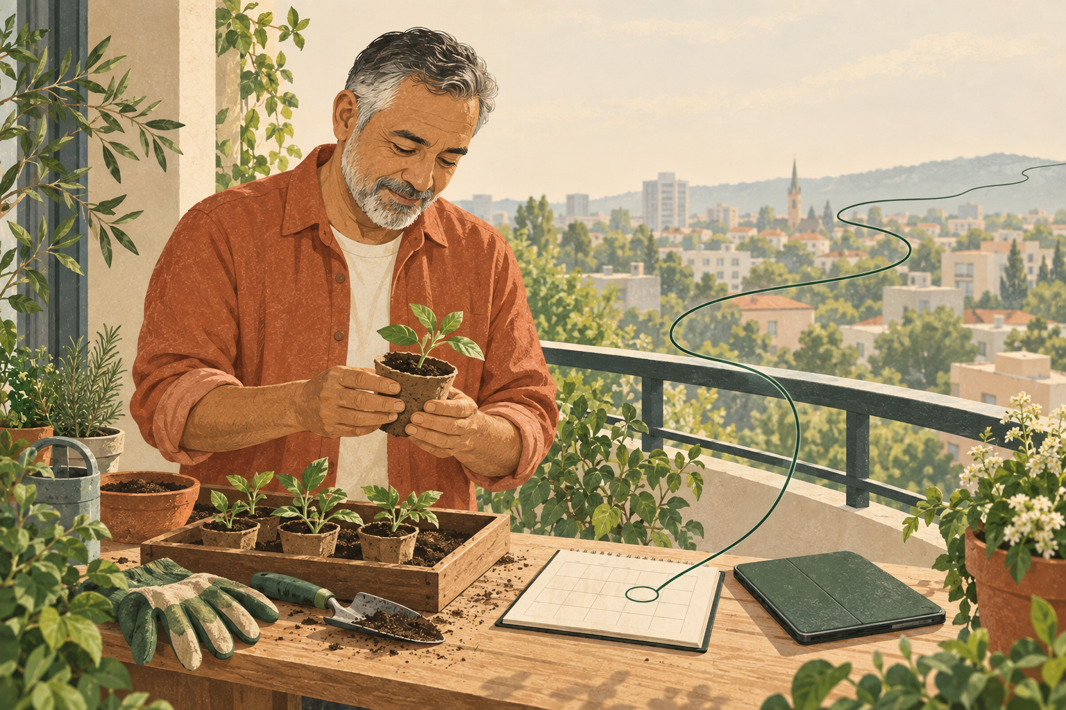 Illustration: A man tends seedlings on a balcony, with a calendar and closed tablet beside him.