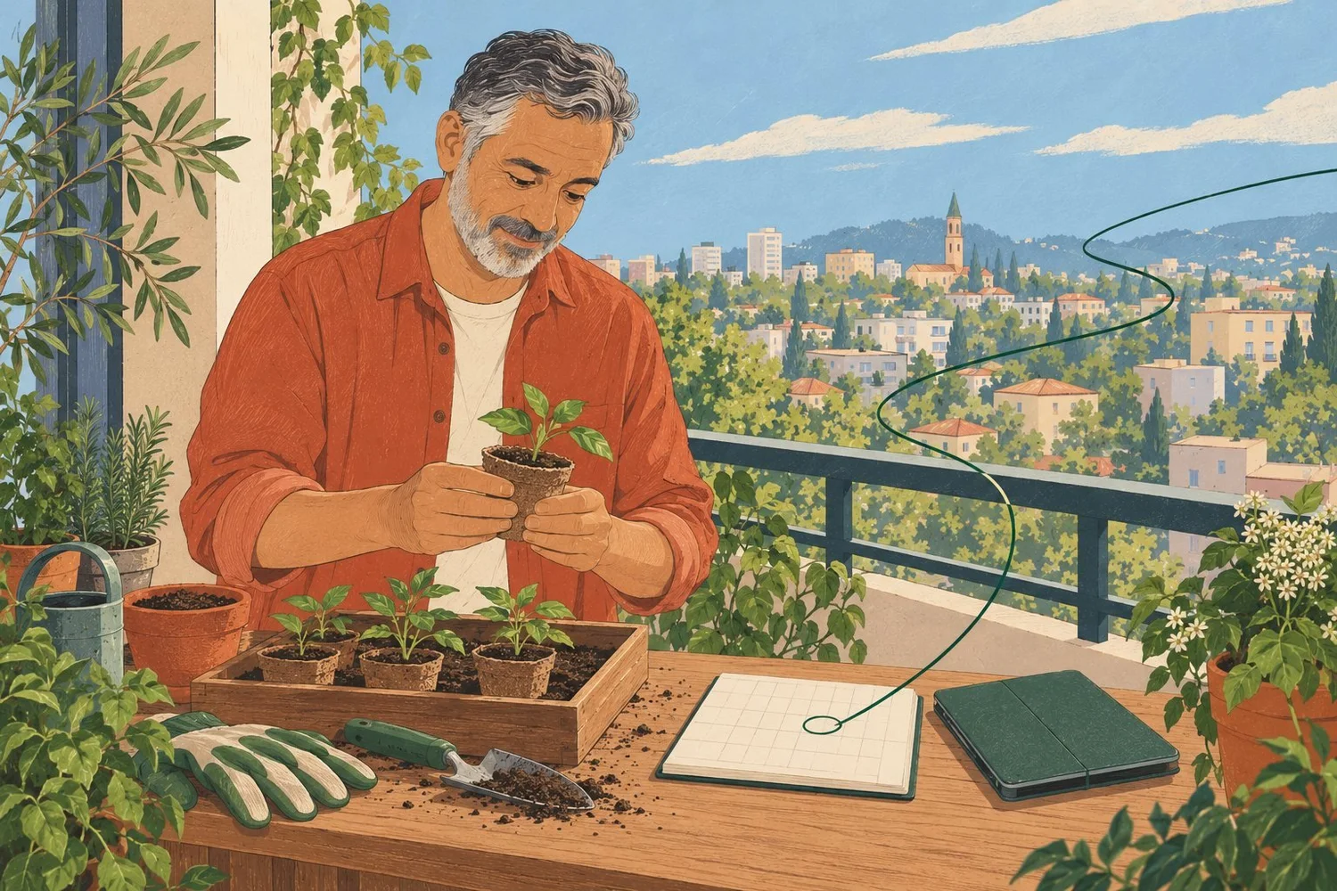 Illustration: A man tends seedlings on a balcony, with a calendar and closed tablet beside him.