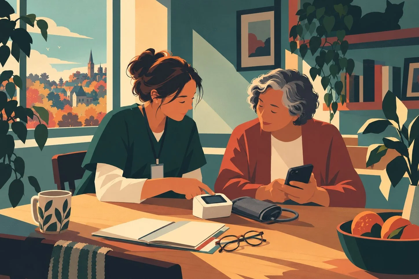A nurse and patient reviewing home-monitoring tools together at a dining table.