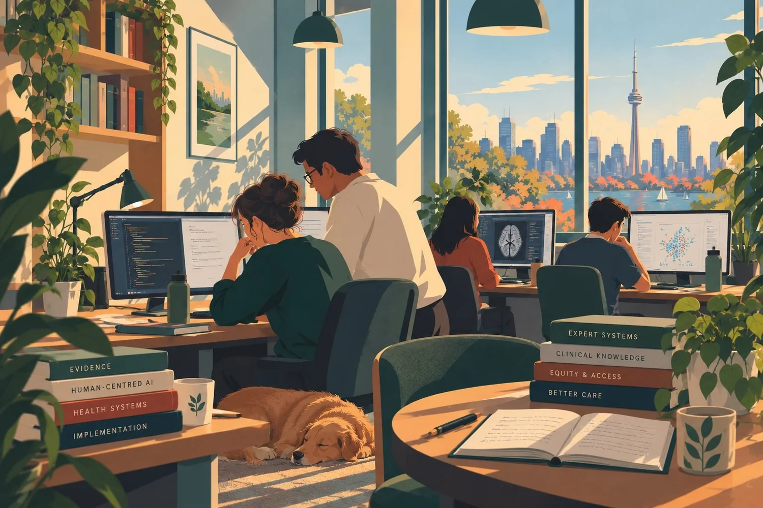 A research team works at computers in a bright studio overlooking the Toronto skyline, with a dog asleep under a desk.