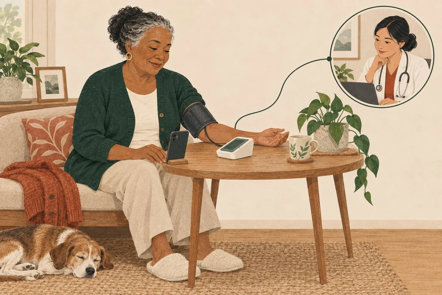 Illustration: A woman takes a blood-pressure reading at home; a drawn line connects her routine to a clinician.