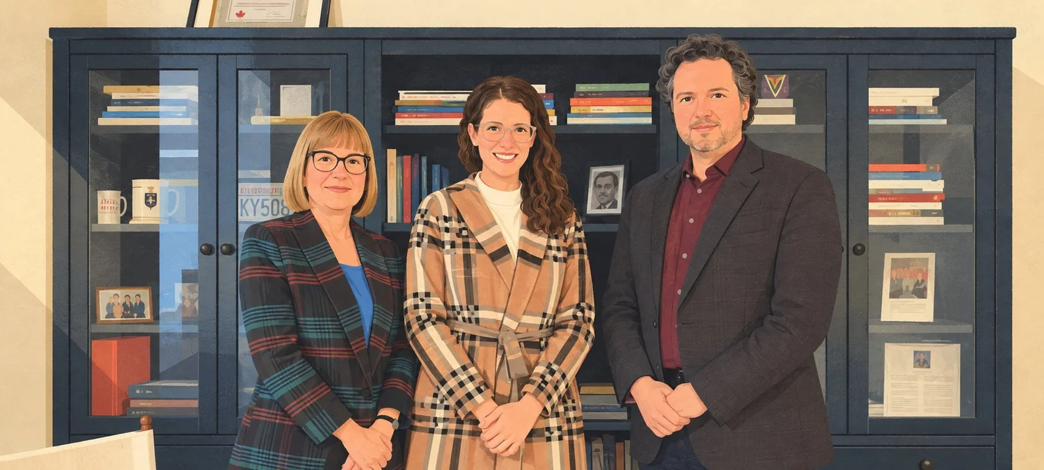 Illustration of Sandra Dalziel, Paula Voorheis and Dr. Joseph Cafazzo standing together in the Leonard Library.