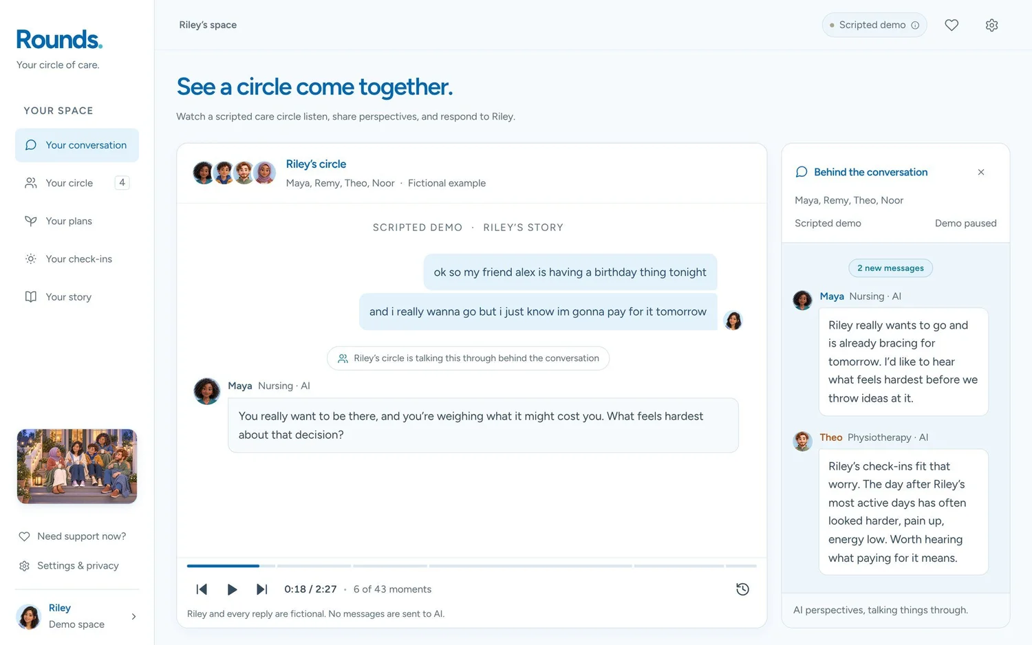 The conversation screen, with Riley’s first message on the left and the side chat, called Behind the conversation, on the right.