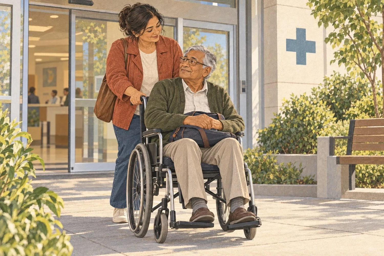 A South Asian daughter takes her father home from hospital, pushing his wheelchair along an accessible path.