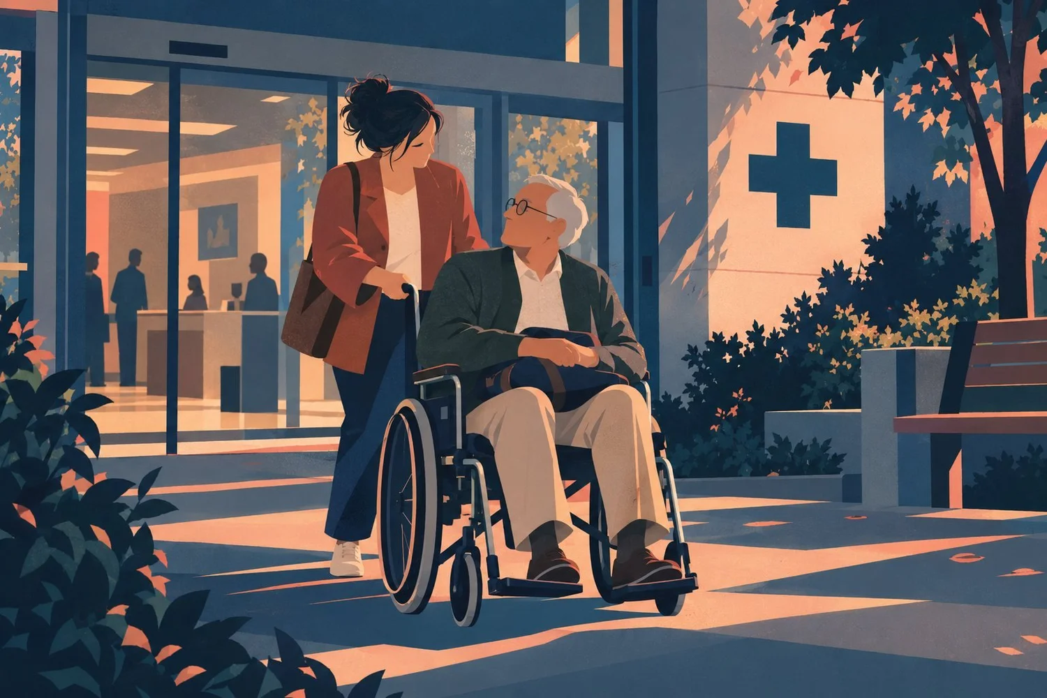 A daughter takes her father home from hospital, pushing his wheelchair along an accessible path.