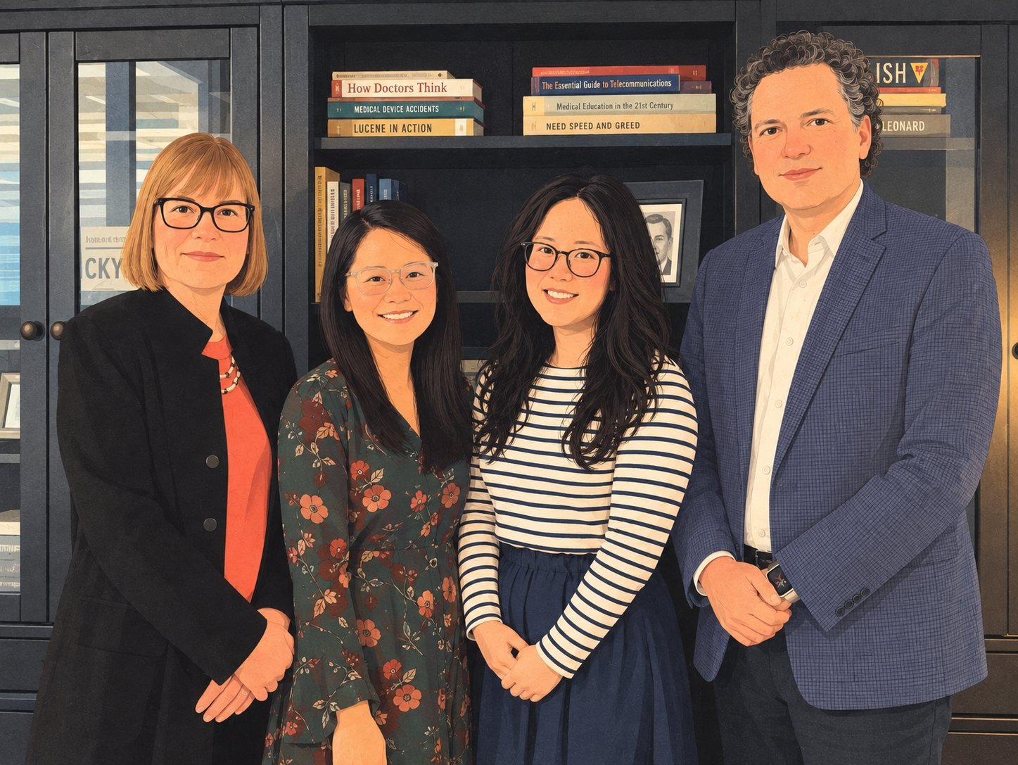 Illustration of Sandra Dalziel, Dr. Quynh Pham, Karen Young and Dr. Joseph Cafazzo standing together in the Leonard Library.