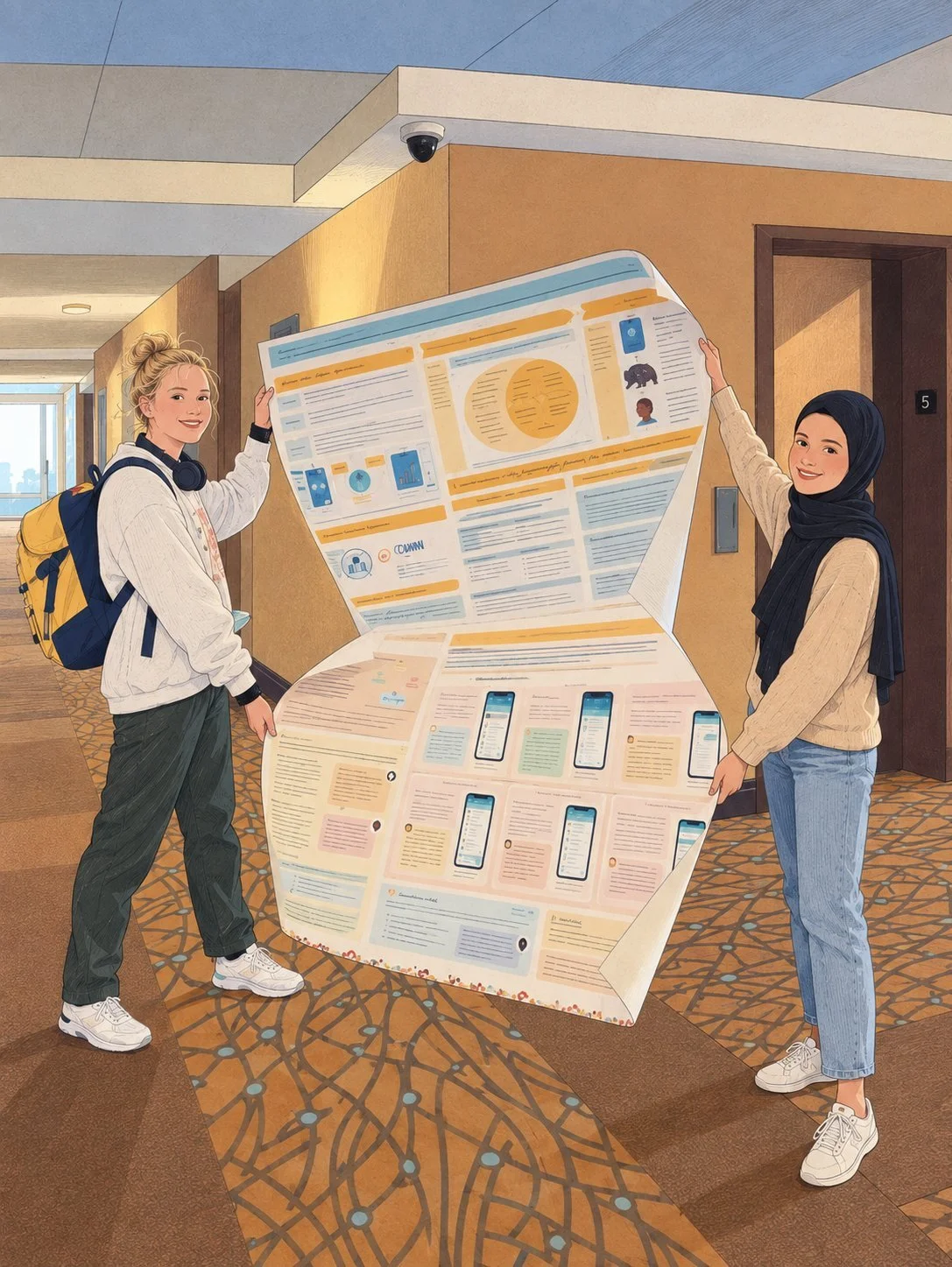 Illustration of two team members holding up their research poster in a hotel hallway before the conference.
