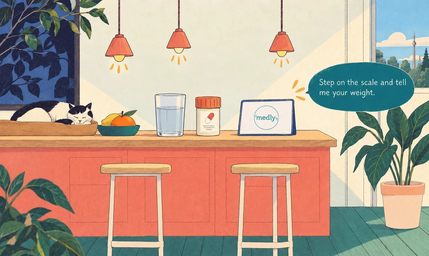 Illustration of a Medly tablet on a kitchen counter asking, “Step on the scale and tell me your weight.”