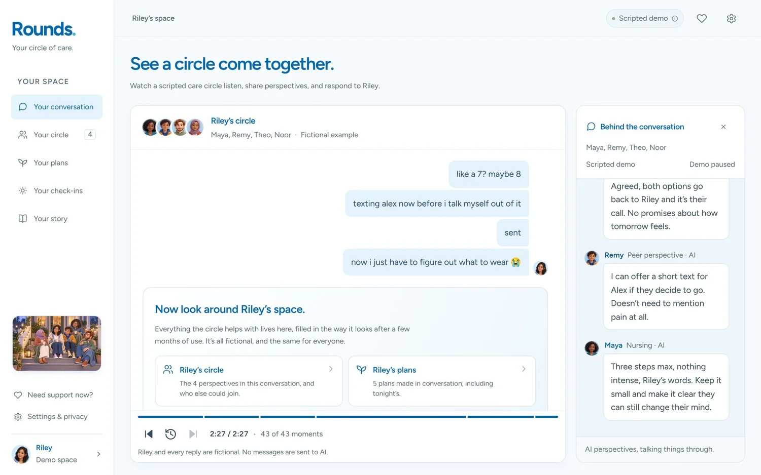 Riley tells the circle they have texted their friend Alex, and a panel invites the reader to look around Riley’s space.