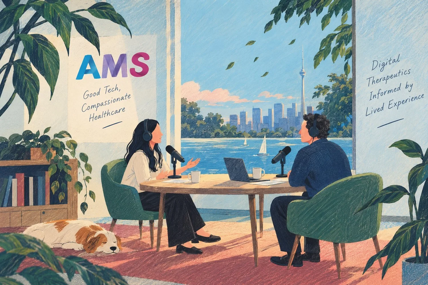 Illustration of Dr. Quynh Pham and Dr. Joseph Cafazzo recording the AMS podcast Good Tech, Compassionate Healthcare.