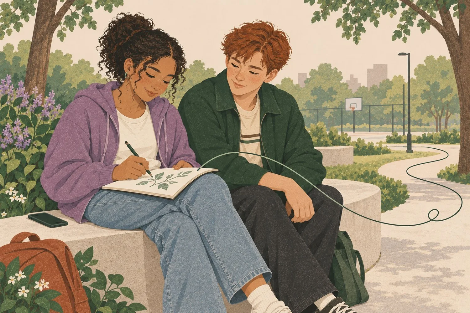Illustration: Two teenagers share a sketchbook while sitting together in a neighbourhood park.