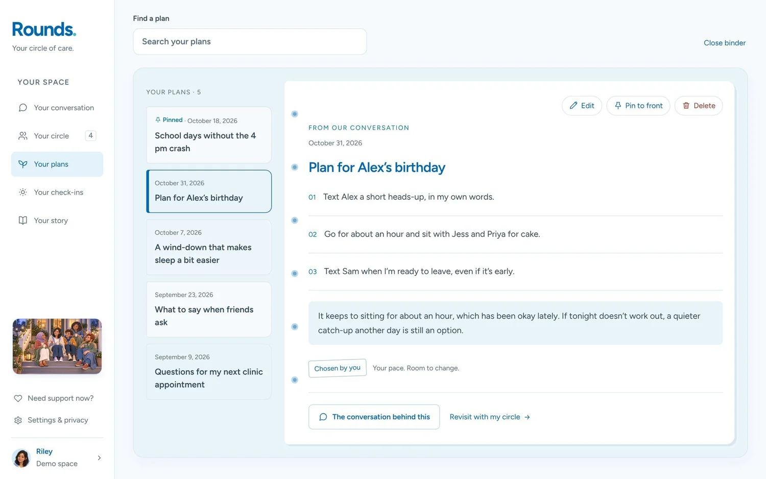 The plan binder, with a list of saved plans on the left and the plan for Alex’s birthday open on the right.