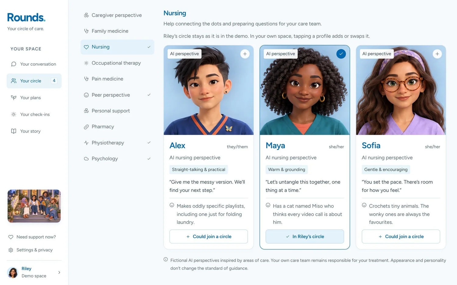 Three nursing perspectives, Alex, Maya and Sofia, each with a portrait, a short description of their style and a button to add them to the circle.