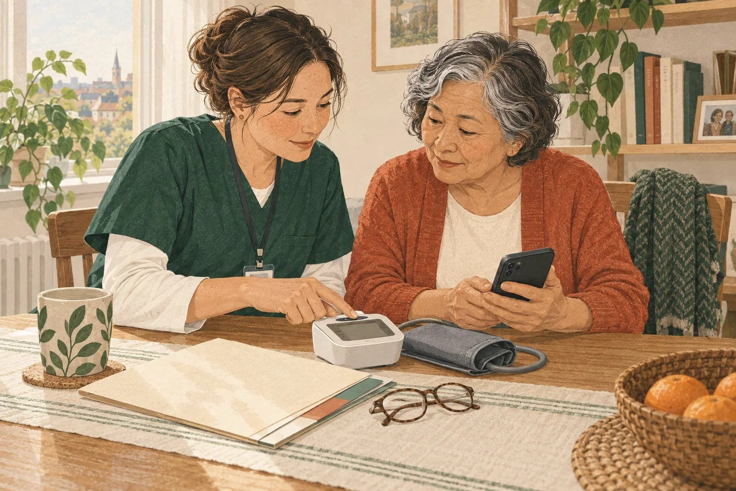 A nurse and patient reviewing home-monitoring tools together at a dining table.