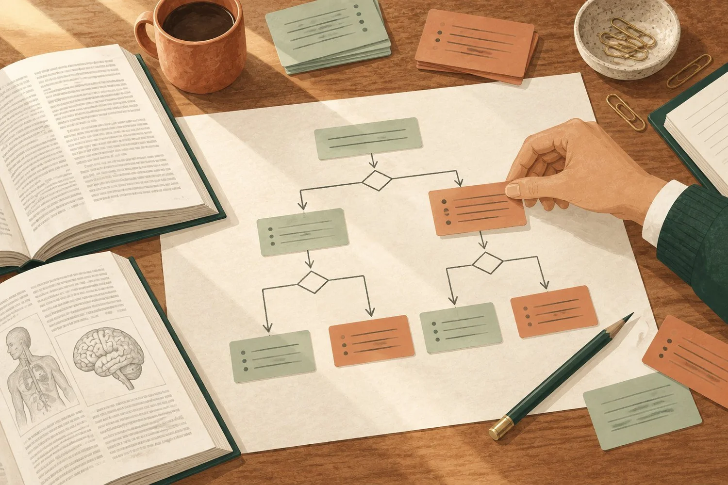 A hand arranges paper decision-pathway cards beside clinical reference books.