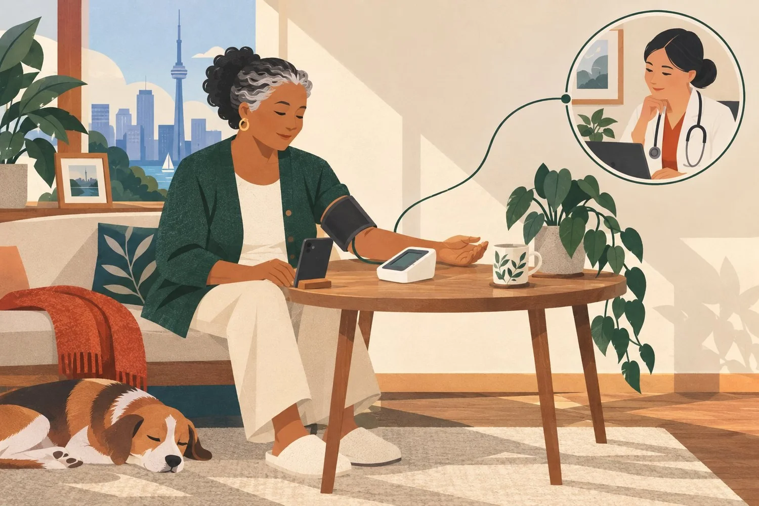Illustration: A woman takes a blood-pressure reading at home; a drawn line connects her routine to a clinician.