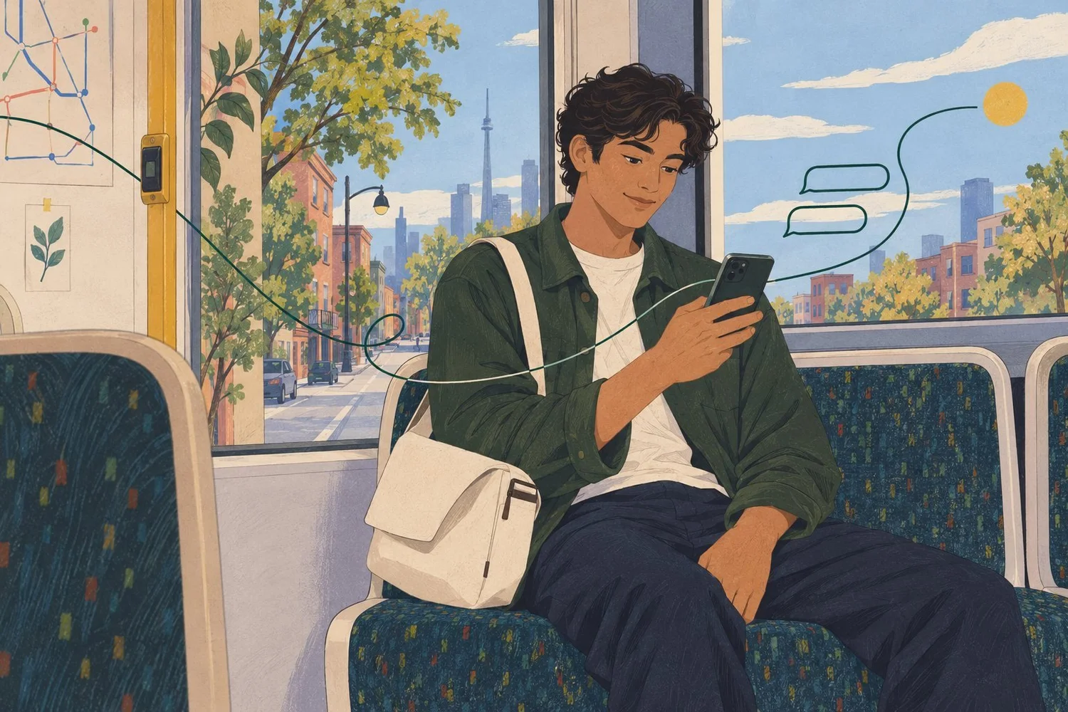 Illustration: A young person checks their phone on public transit, with a city and a winding line outside the window.