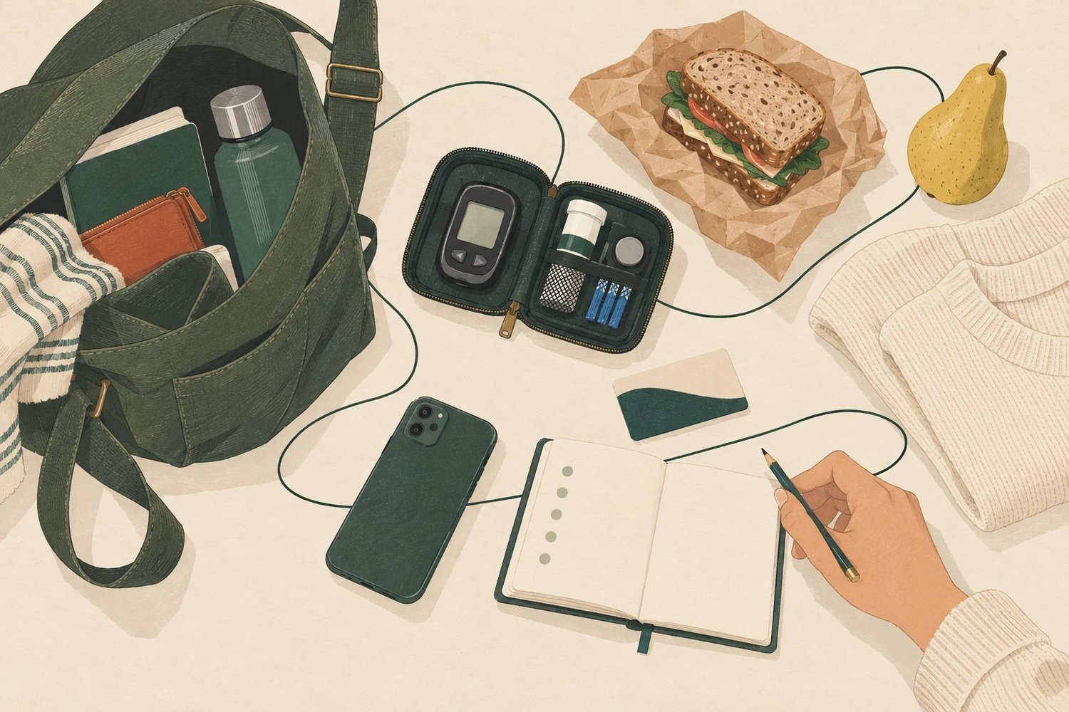 Illustration: A canvas bag, glucose-testing kit, packed lunch, phone, and notebook form an illustrated everyday carry kit.