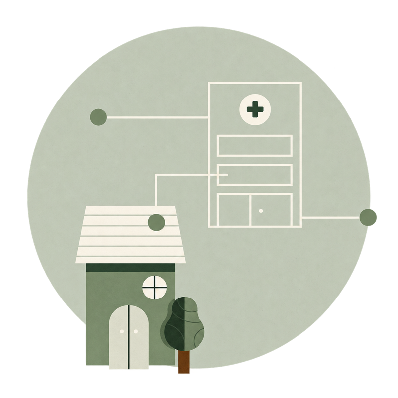 A home, tree and hospital connected by a pathway, within a sage circle.