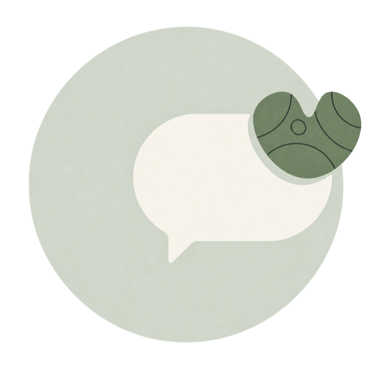 An ivory speech bubble with a patterned green heart, within a sage circle.