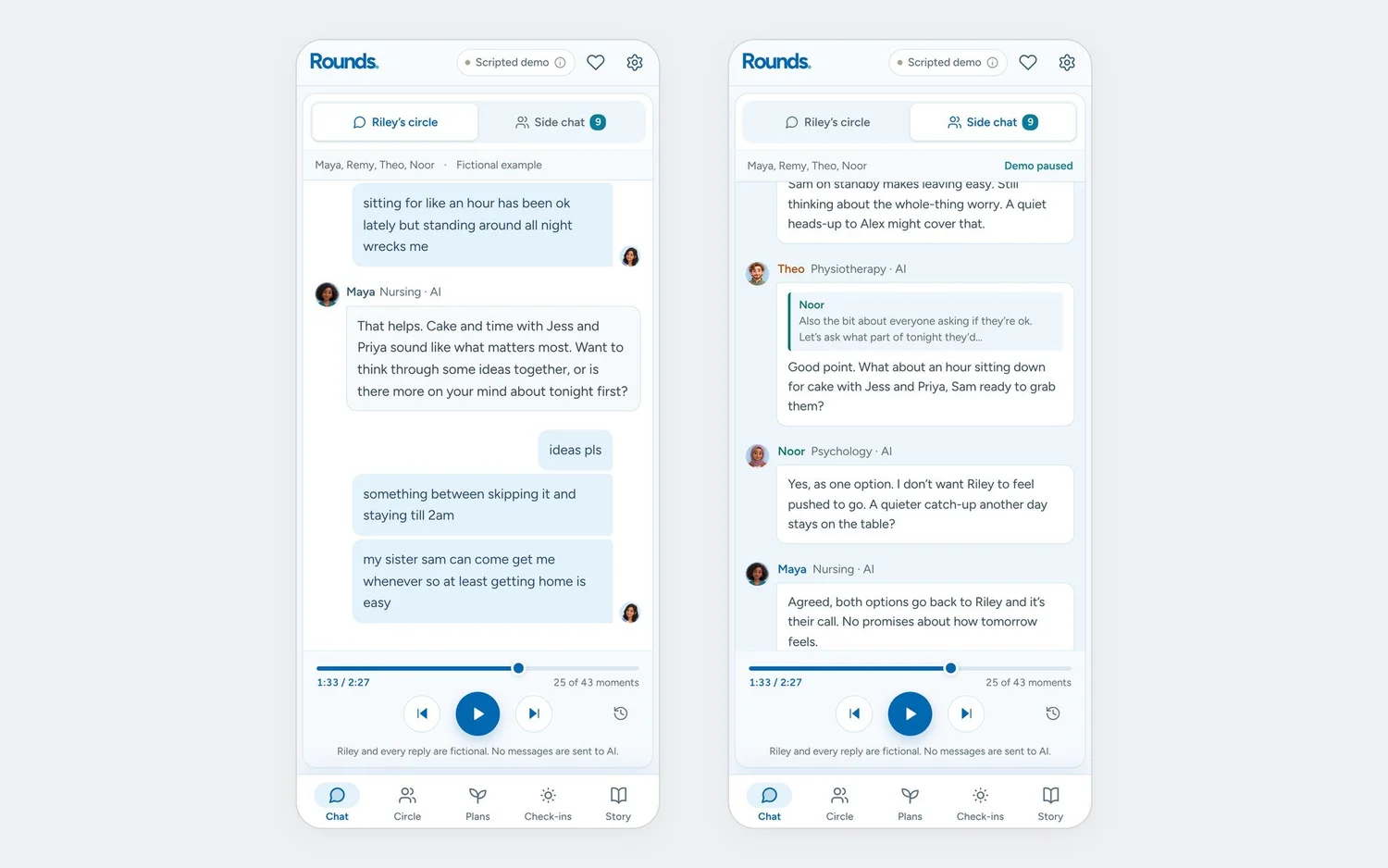 Two phone screens, one showing the conversation with Riley and one showing the side chat between the agents.