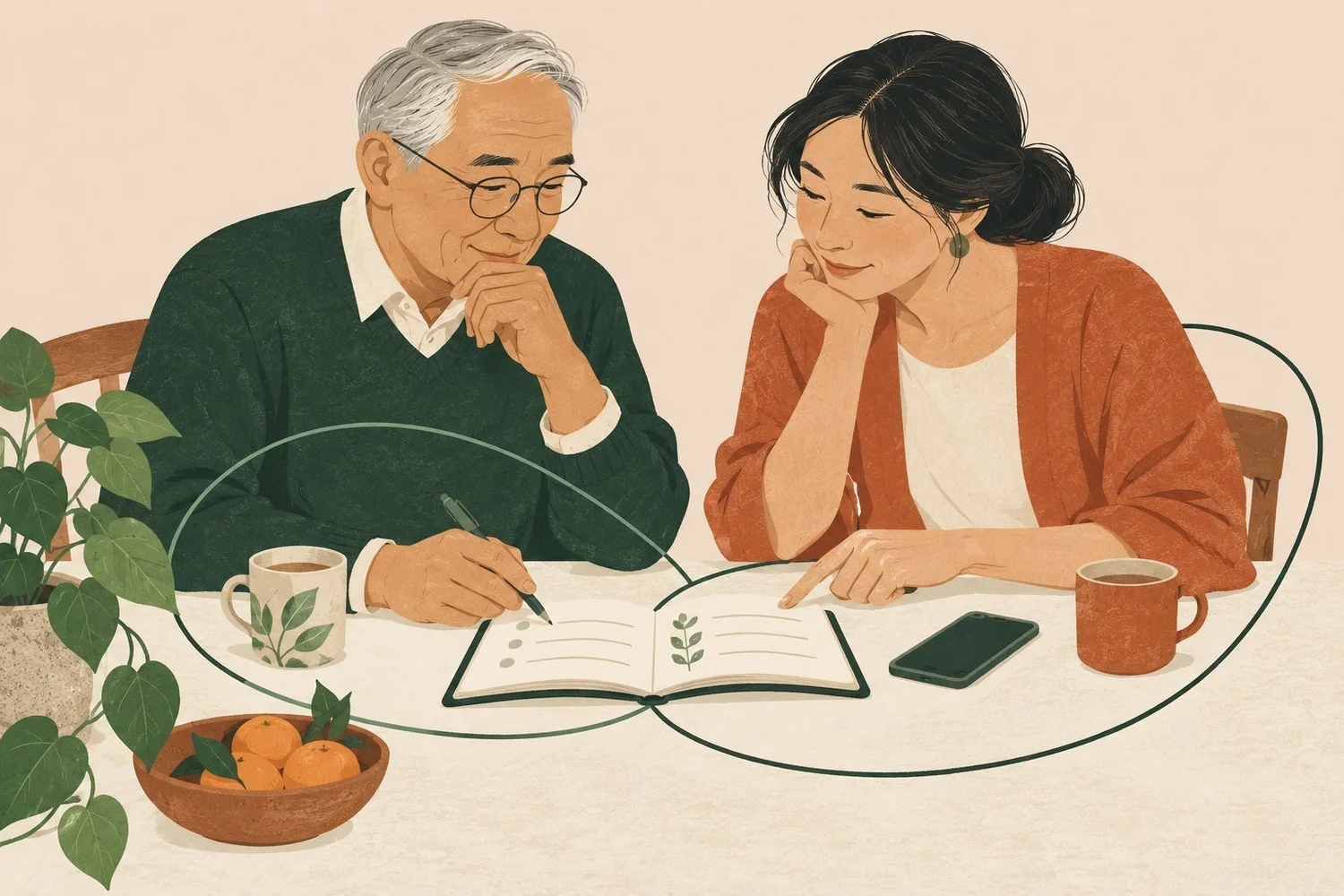 Illustration: An older man and a woman make notes together at a kitchen table, connected by two looping lines.