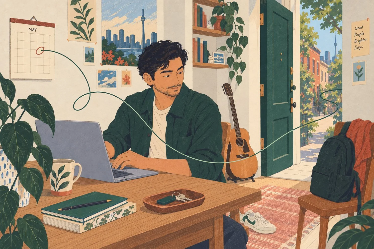 Illustration: A young man finishes a laptop check-in at home before heading out, with a calendar, guitar, and packed bag nearby.