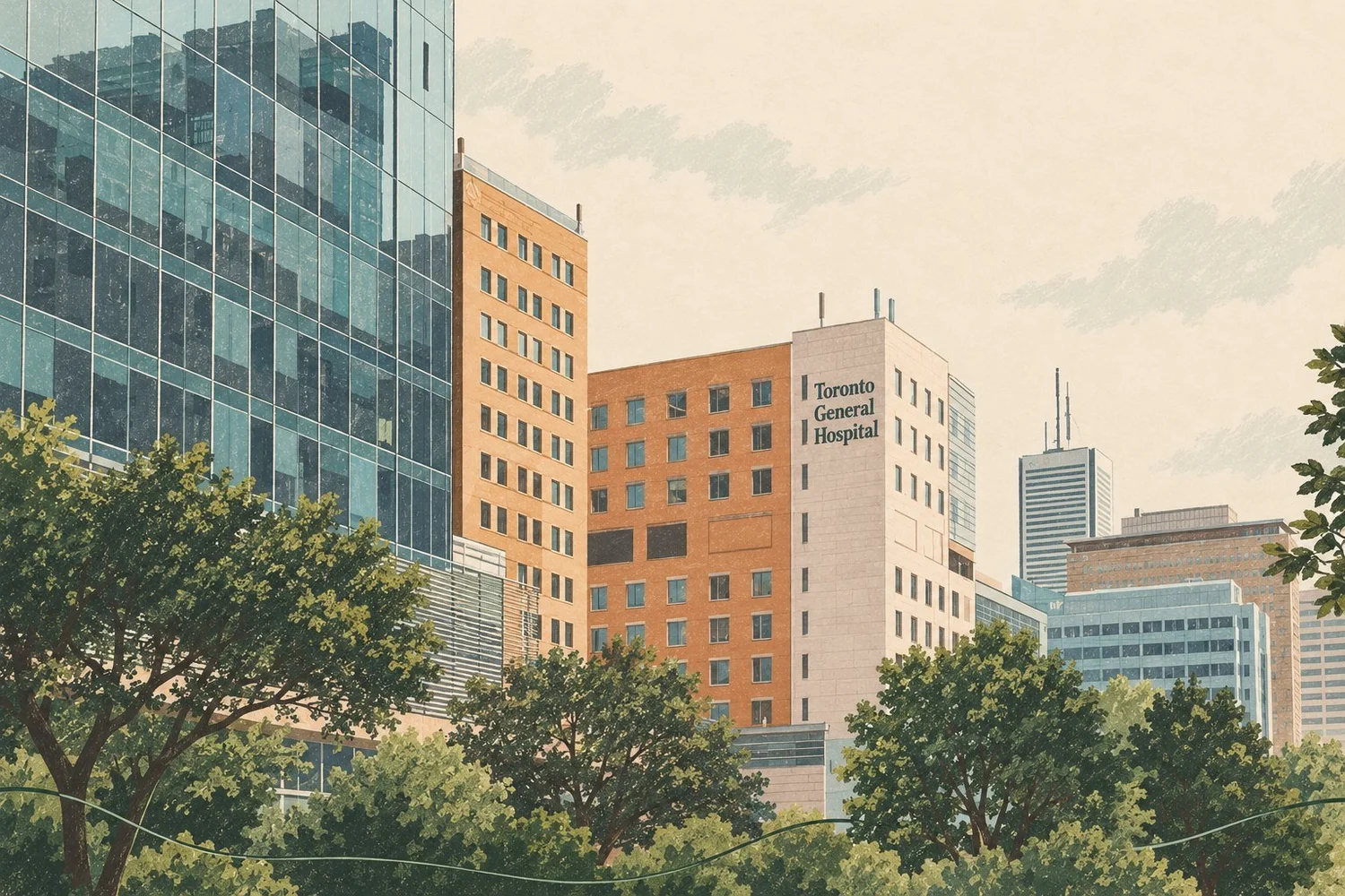 An editorial illustration of Toronto General Hospital, with its glass tower, ochre brick wings and surrounding trees.