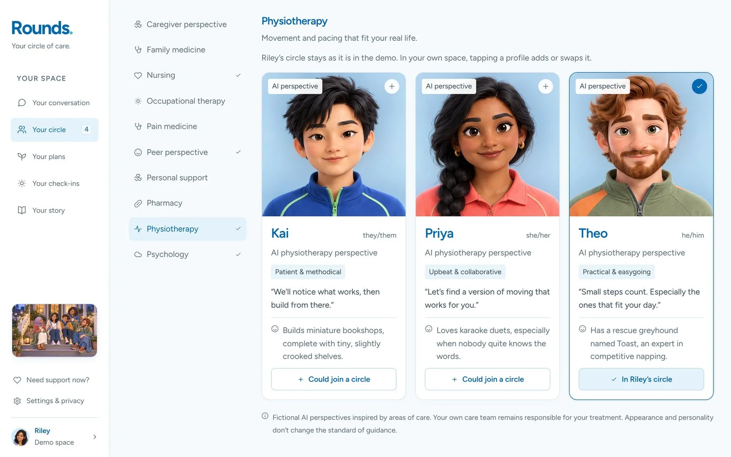 Three physiotherapy perspectives, Kai, Priya and Theo, each with a portrait and a short description of their style.