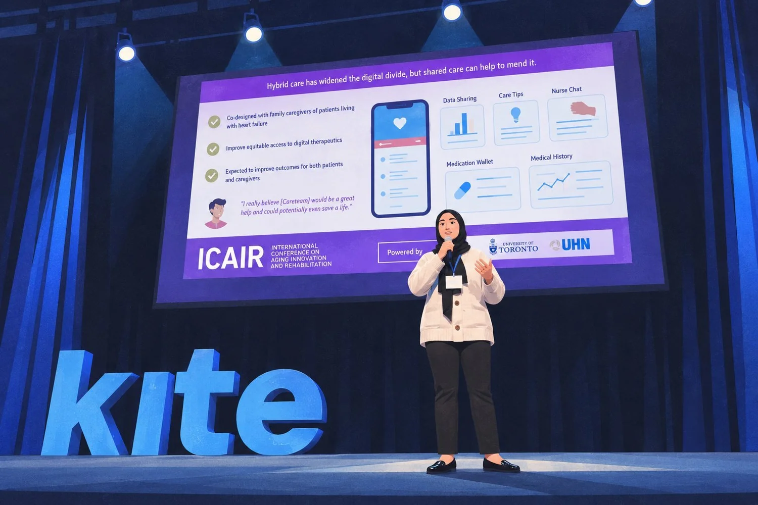 Illustration of Camila Benmessaoud presenting Caretown on stage at the ICAIR 2023 conference.