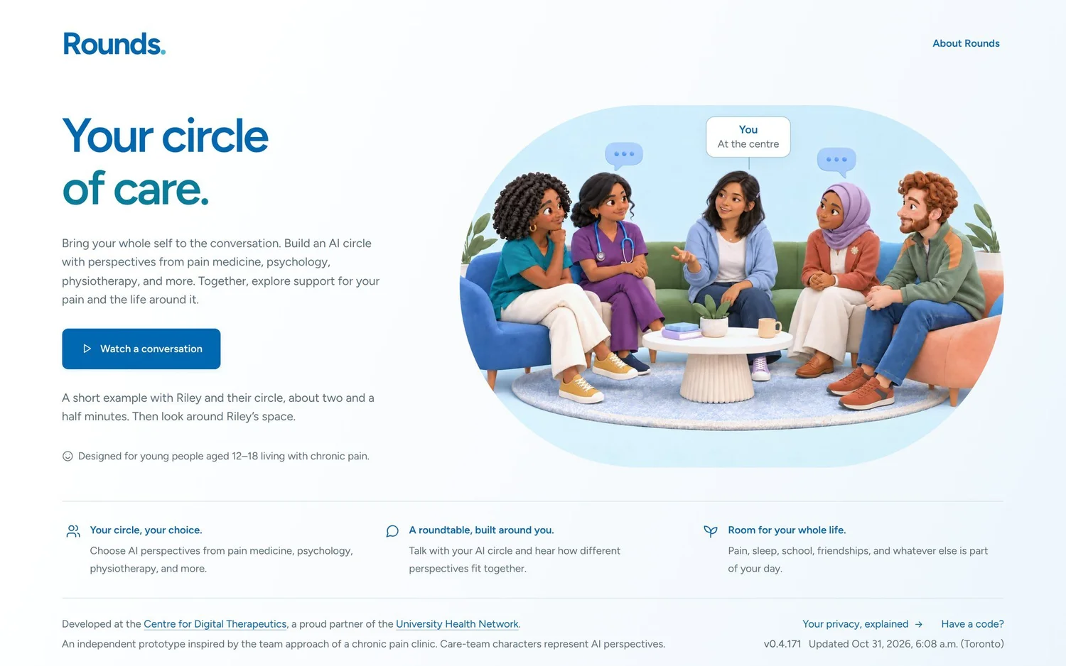 The Rounds landing page, with the heading "Your circle of care." beside an illustration of a young person on a sofa surrounded by four members of their care circle.