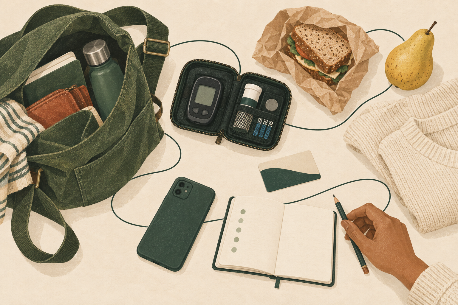 Illustration: A canvas bag, glucose-testing kit, packed lunch, phone, and notebook form an illustrated everyday carry kit.