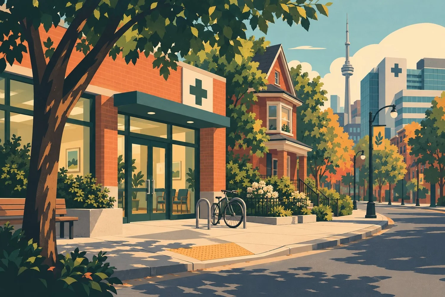 An illustrated neighbourhood with a clinic, home and hospital connected by an accessible street.