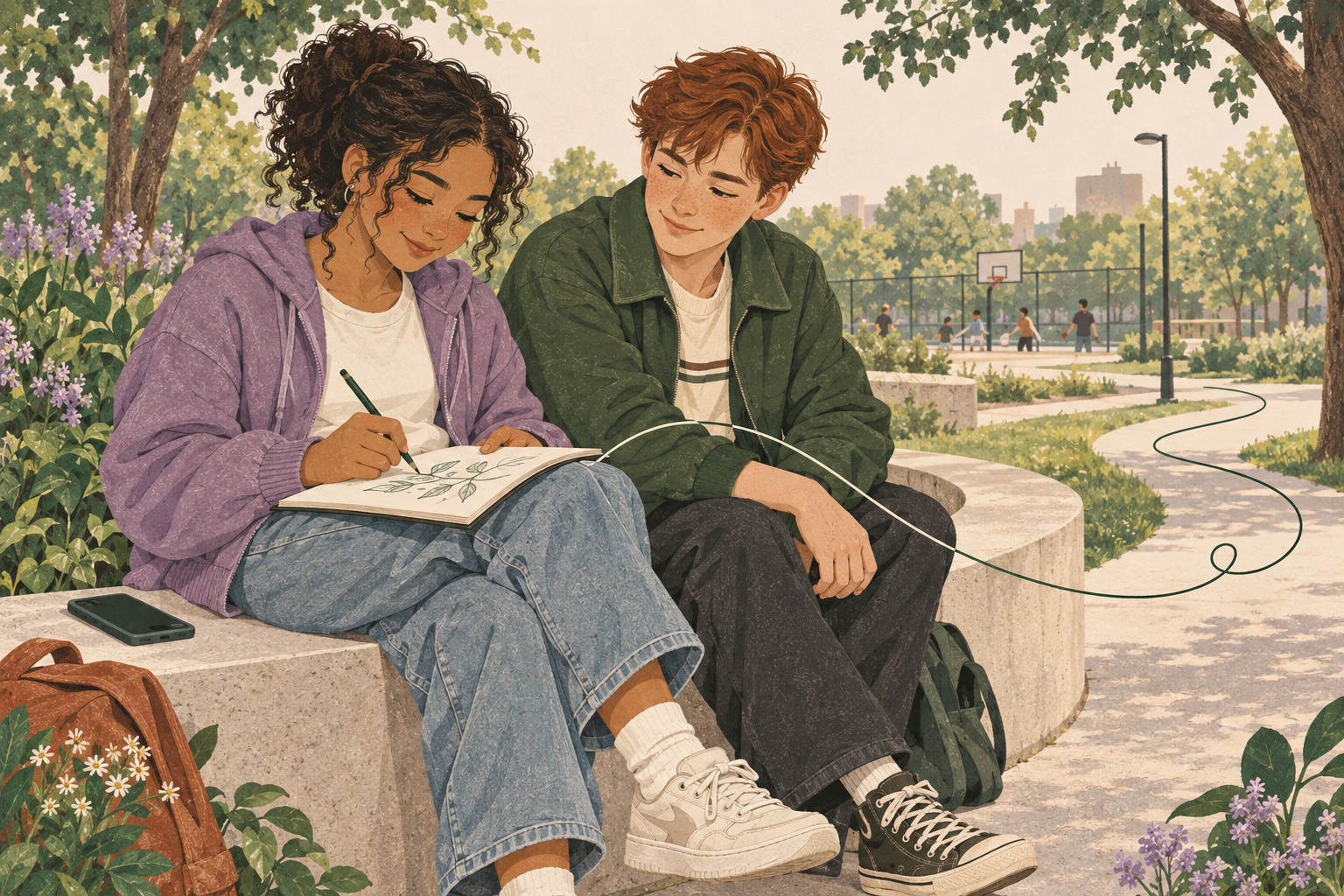 Illustration: Two teenagers share a sketchbook while sitting together in a neighbourhood park.