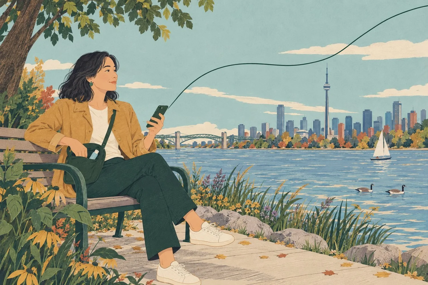 Illustration: A woman pauses on a riverside bench with her phone and a small inhaler in her bag.