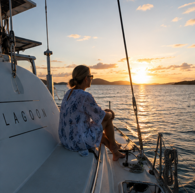 Brenda at the helm at sunset