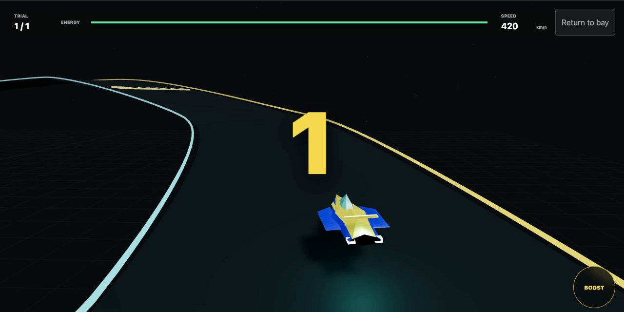 An original F0 machine approaching the Foundry systems-trial start line with energy and boost telemetry visible