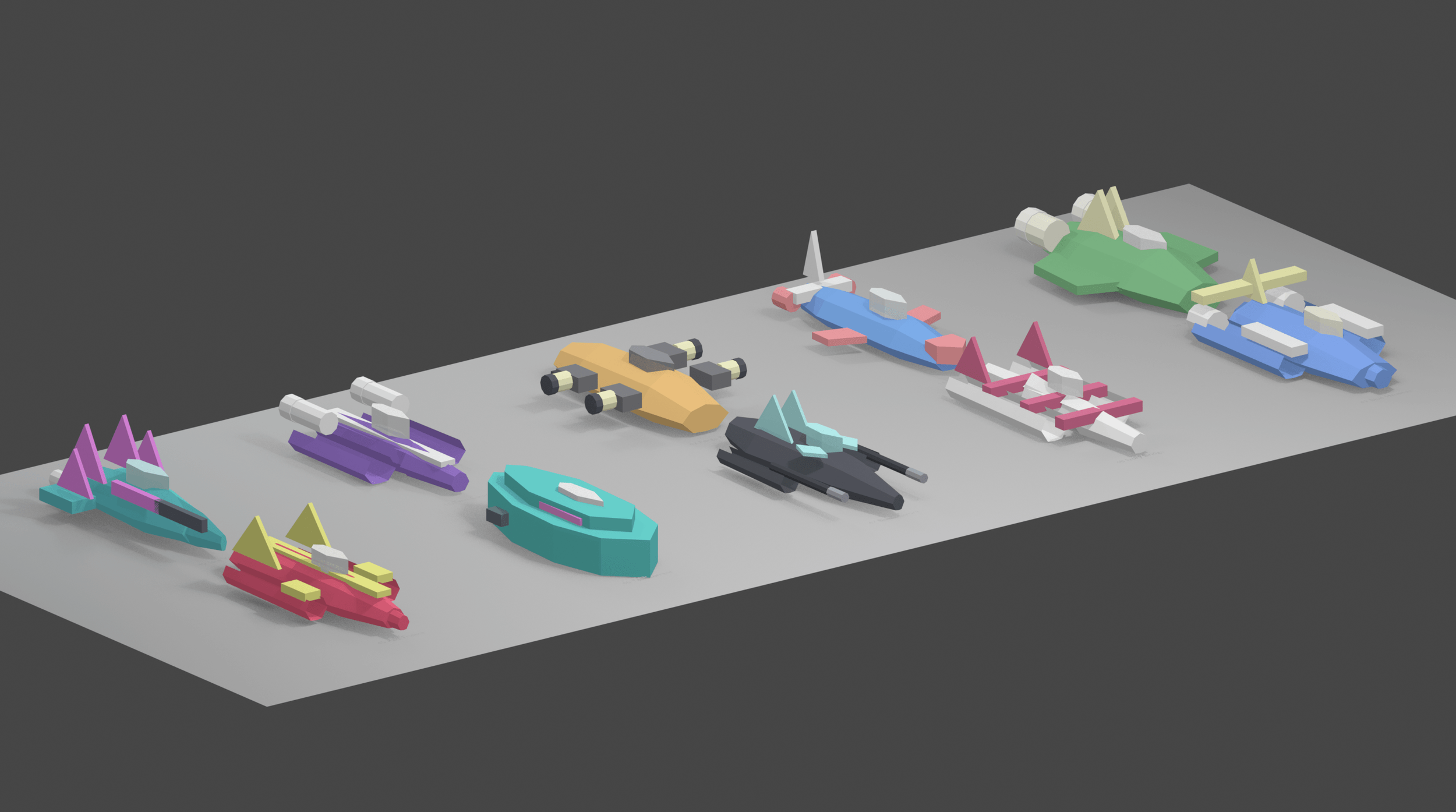 Ten colorful low-poly F0 machine concept studies arranged on a neutral display platform