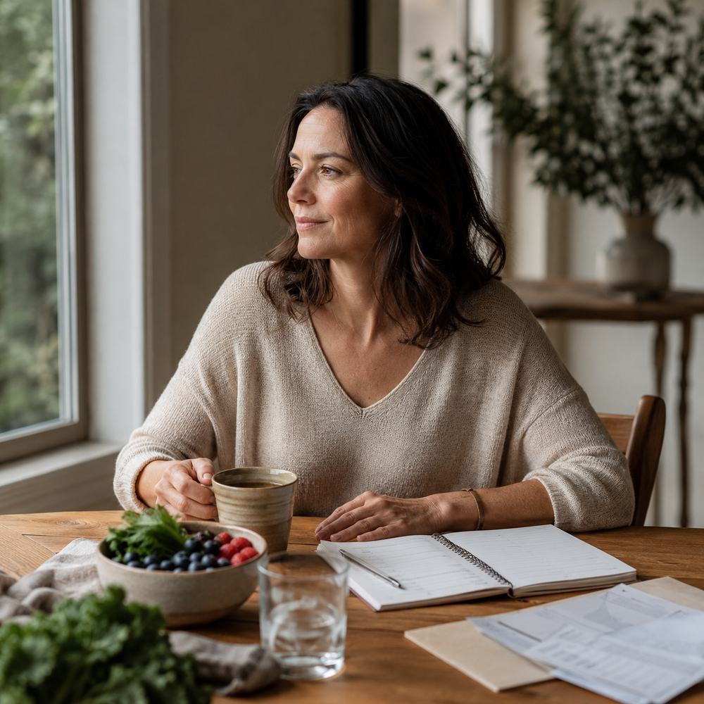 Woman reviewing a symptom journal and nutrition notes near a window for autoimmune support