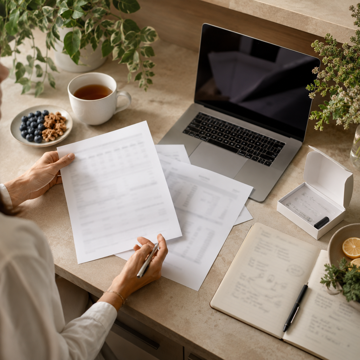Practitioner desk scene with blurred bloodwork pages, notebook and functional testing context for autoimmune support