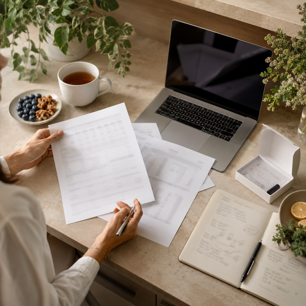 Practitioner desk scene with blurred bloodwork pages, notebook and functional testing context for autoimmune support