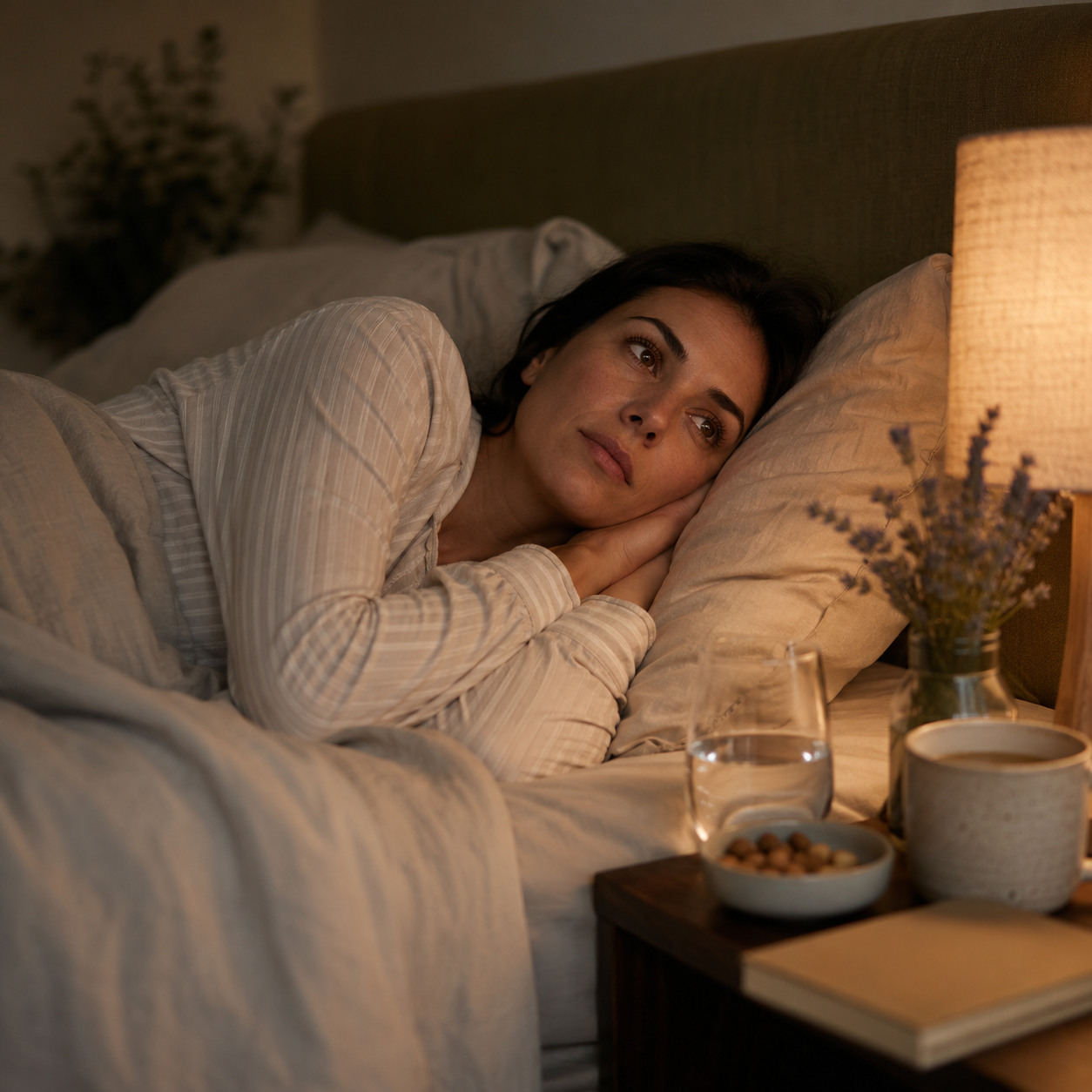 Person awake in bed unable to switch off for mood stress and sleep support