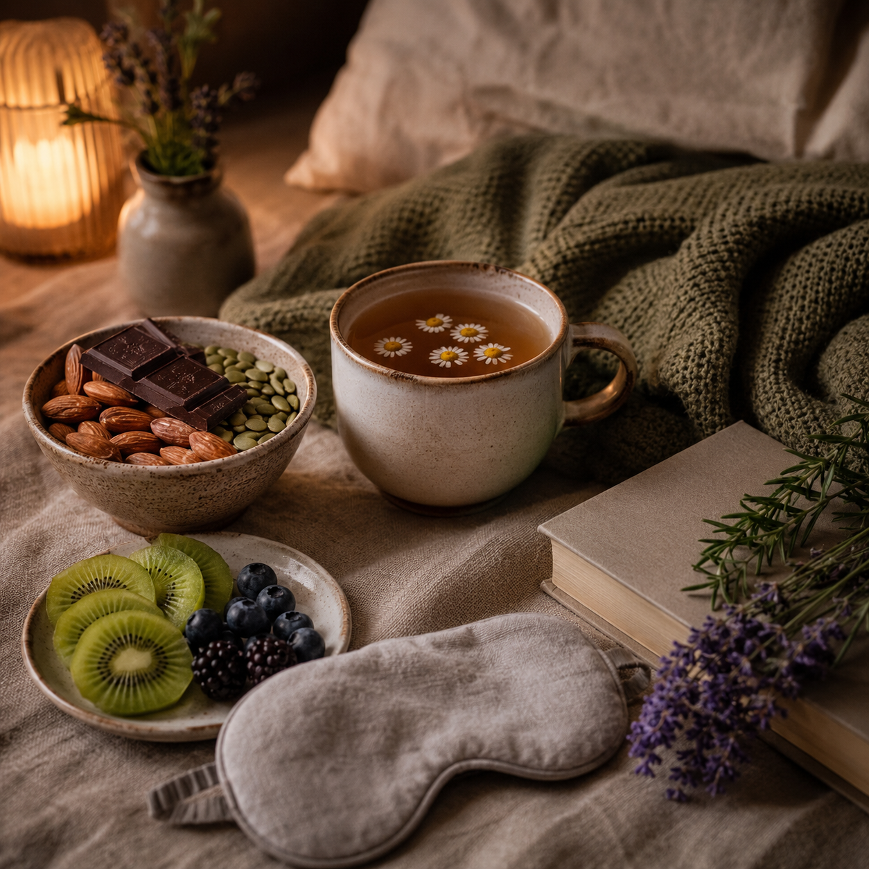 Evening wind-down routine with herbal tea sleep mask book and nutrient dense foods