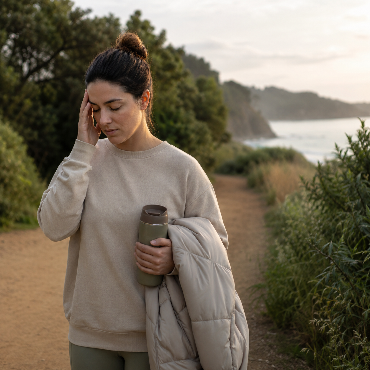 Adult outdoors pausing during a gentle walk while feeling stressed and trying to reset