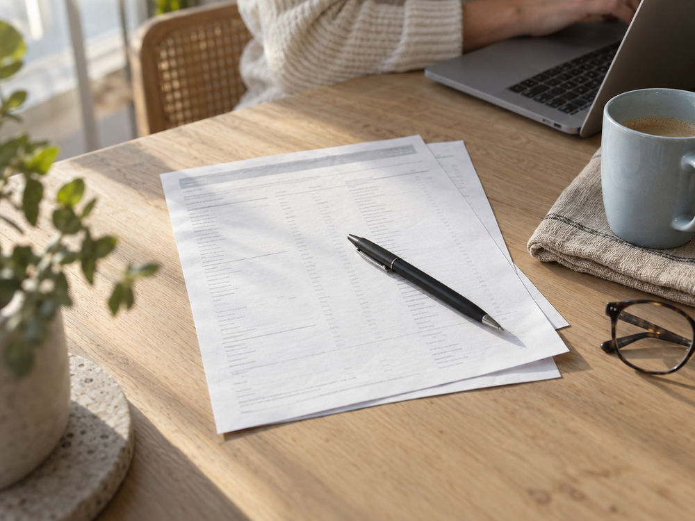 A printed pathology report lying on a sunlit timber table with a pen resting across it, a pale blue mug and reading glasses beside it